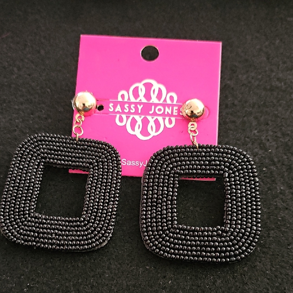 Sassy Jones Black Square Beaded Earrings